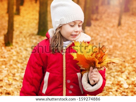 Happy smiling five years old caucasian child girl collecting leaves outdoor in an autumn park during a walk