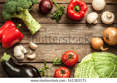 Vegetables On Vintage Wood Background - Autumn Harvest. Rural Still Life From Above With Free Text Space.