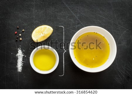 Lemon vinaigrette dressing - recipe ingredients on black chalkboard background from above. Lemon, olive oil, salt and pepper. Layout with free text space.