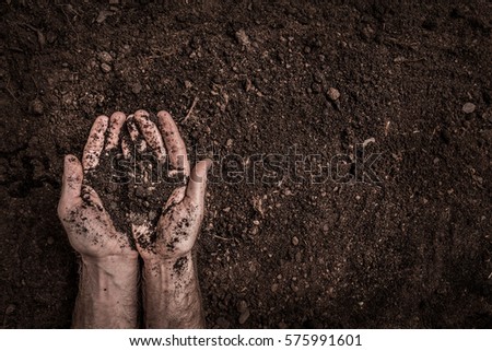 Man (farmer\'s) hands on soil background captured from above (top view, flat lay). Agriculture, gardening or ecology concept layout with free text (copy) space.