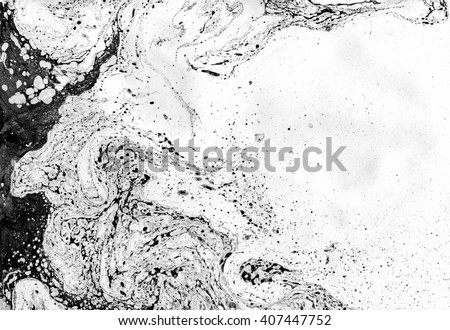 Liquid black ink. Abstract background. Creative artwork. Marble texture. Black and white illustration.