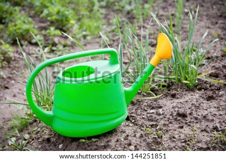 Plastic Green Watering Can on the ground