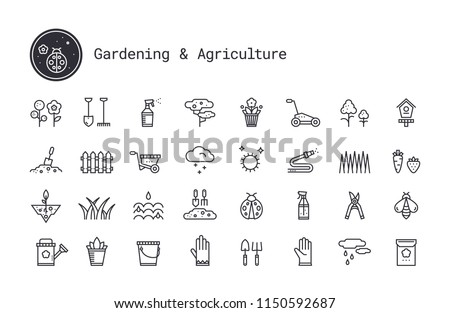 Gardening, horticulture, landscaping thin line vector icon set. Soil cultivation, garden work tool, plant growing pictogram. Design elements for web interface, mobile app isolated on white background.