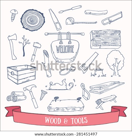 Woodworking, lumberjack and tools vector doodles. Hand drawn vector ...