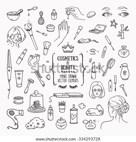 Hand drawn cosmetics products. Collections of skin health and beauty illustrations, spa salon and self-care signs. Isolated vector set.