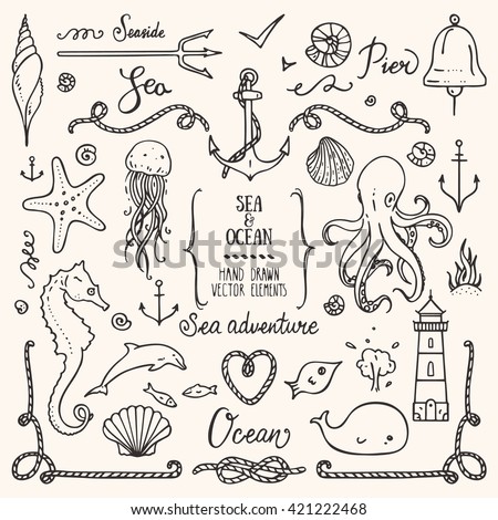 Sea life, ocean trip, summer marine cruise, seafood, pier restaurant design elements. Collection of hand drawn illustration: lighthouse, octopus, anchor, jellyfish, cordage frame. Isolated vector set.