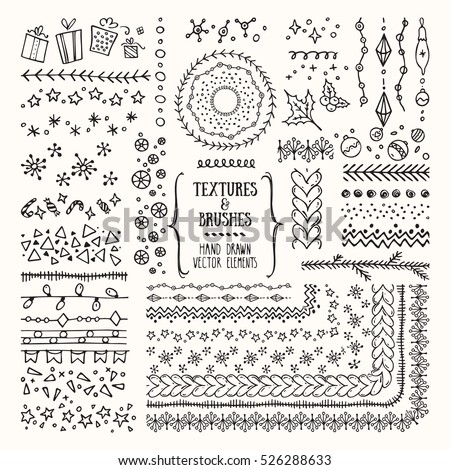 Hand drawn textures and brushes. Creative collection of vector design elements: winter holiday symbols, geometric tribal textures, cute patterns made with ink. Pattern brushes are included in EPS file