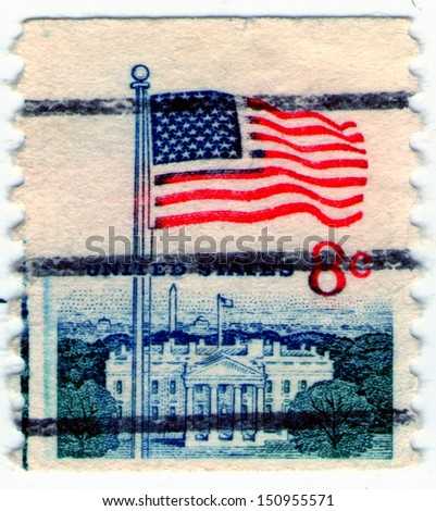 USA - CIRCA 1978: stamp printed in United states shows waving the national flag of the United States against the background of the White House, circa 1978
