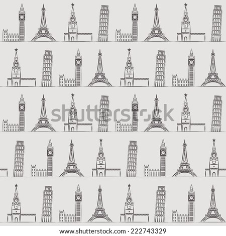 Seamless background or wallpaper with vacation, travel, attractions and famous places. Vector illustration.