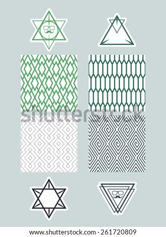 Set frames and icons of triangles on backgrounds with a simple pattern. Simple monochrome concepts