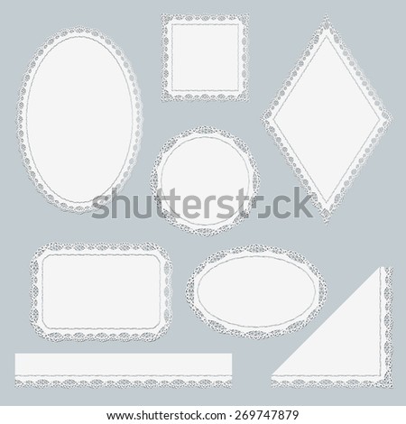 Set of white lace frames isolated on gray background. Lacy Corner, ribbon and six napkins different shapes. Rasterized version.