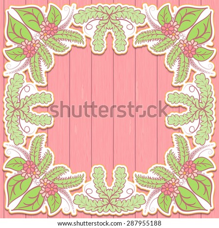 Summer frame with flowers and leaves on a pink background wooden texture. Delicate vintage tone. Rasterized version.