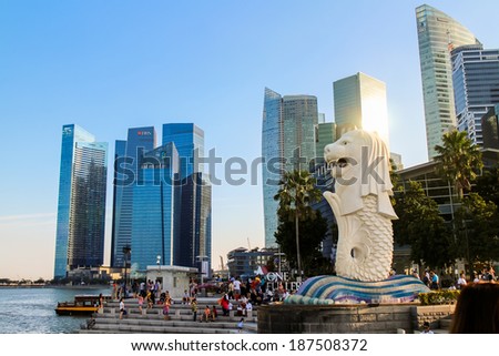 SINGAPORE-MARCH 23:The Merlion fountain March 23, 2014 in Singapore.Merlion is a mythical creature with the head of a lion and the body of a fish,and is a symbol of Singapore.