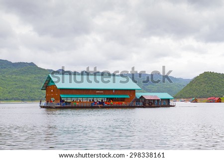 Kanchanaburi , Thailand - JULY 5,2015 : River view at The Forest Resort with raft house on River Kwai in Kanchanaburi, Thailand.