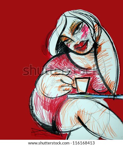 Illustration, woman, woman at the table with coffee
