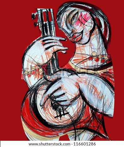 Illustration, Woman  with the Guitar, Music Drawing