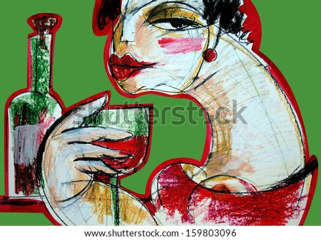 Woman sitting at the table, wine, vines	 Illustration, drawing
