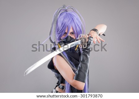 Female fantasy warrior. Female warrior with sword and gas mask isolated on the gray background