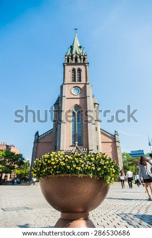 SEOUL, SOUTH KOREA - MAY 10 Myeong dong Catholic Cathedral on May 10, 2015 in Seoul, South Korea. Myeong dong Catholic Cathedral which is older than 110 years for center of Catholic in South Korea