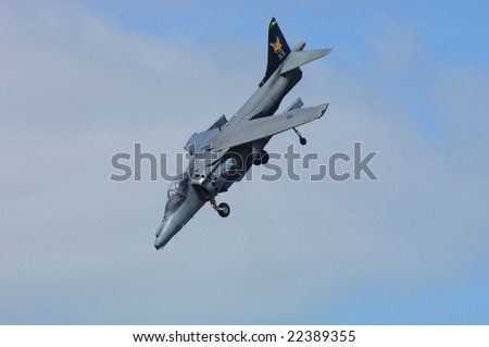 FAIRFORD, UK - JULY 16: RAF GR7 Harrier Jump jet diving during an air demonstration atthe Royal International Air Tattoo on July 16, 2005 in Fairford, UK.