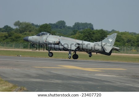 FAIRFORD, UK - JULY 16: Royal Navy FA2 Sea Harrier Jump jet takes off during an air demonstration at the Royal International Air Tattoo on July 16, 2005 in Fairford, UK.