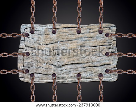 Wooden sign with chain on black background