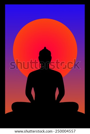 Silhouette of buddha on the sunset in window frame