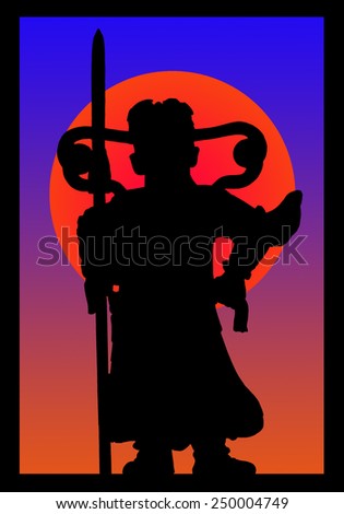 Silhouette of chinese statue on the sunset in window frame