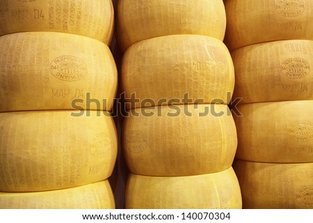 MILAN, ITALY - MAY 22: close-up of wheels of Parmigiano Reggiano, Tuttofood, Milano World Food Exhibition on May 22, 2013 in Milan, Italy