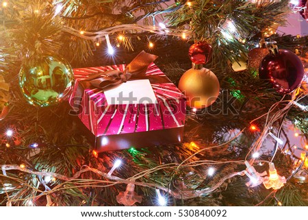 christmas decoration background with toys and gift box, christmas lights
