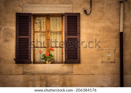 Wooden window, a brown window shutter and a red flower