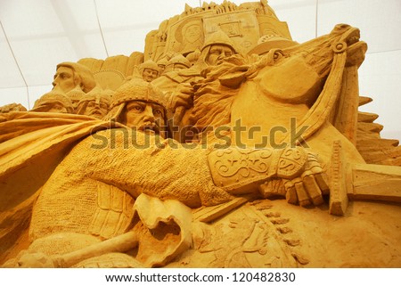 MOSCOW, RUSSIA -MAY 12:Sand sculpture of russian prince and warrior Aleksandr Nevskiy battle with Mongols.Exhibition dedicated to Russian history in Exhibition Center on May 12, 2011 in Moscow,Russia.