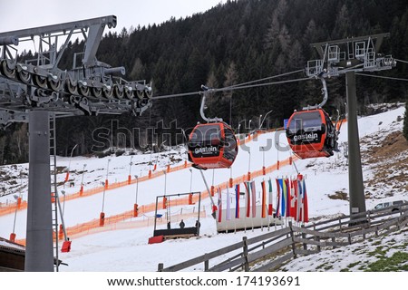 BAD GASTEIN, AUSTRIA -JANUARY 10, 2013: Cabin ski lift on the slopes near Bad Gastein, Austria , one of the most popular ski resort in the Austria.