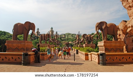 SUN CITY, SOUTH AFRICA - JANUARY 03, 2008: Gigantic elephant statues on Bridge of Time in famous resort Lost City in Sun City, South Africa.