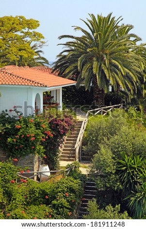 Beautiful white house with red tile roof, small terrace and steps in the mediterranean garden(Greece). Vertical image