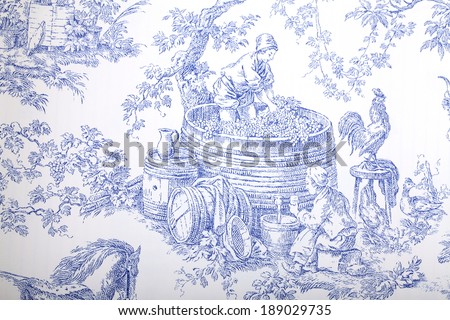Antique blue and white french baroque pattern wallpaper depicts pastoral men and women wine making.
