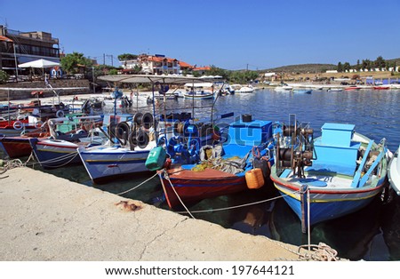 Multicolored fishing boats in Ammouliani island, Halkidiki, Greece.