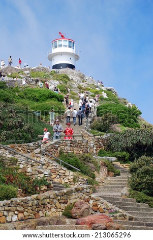 CAPE TOWN, SOUTH AFRICA - DECEMBER 29, 2007: Tourists and Lighthouse on Cape of Good Hope, Cape Town, South Africa