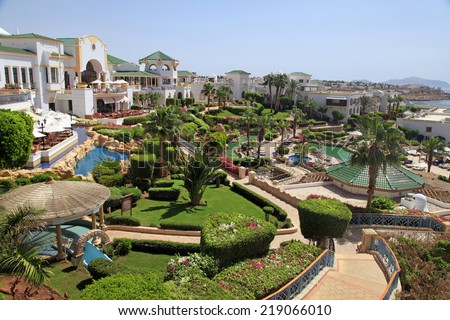 SHARM EL SHEIKH, EGYPT - MAY 03, 2014: Tropical luxury resort hotel on Red Sea beach in Sharm el Sheikh, Egypt.