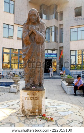 SHKODER, ALBANIA - JULY 19, 2010: Mother Teresa monument Humanitarian Worker and Nobel Prize Winner in Shkoder, Albania.
