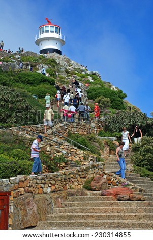 CAPE TOWN, SOUTH AFRICA - DECEMBER 29, 2007: Tourists and Lighthouse on Cape of Good Hope, Cape Town, South Africa