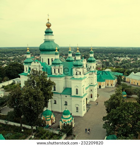 Holy Trinity Monastery in Chernihiv, Ukraine, view from above. Chernihiv is one of oldest cities in Ukraine. Square toned image, instagram effect