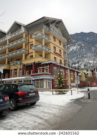 BAD HOFGASTEIN, AUSTRIA -JANUARY 3, 2013: Cityscape with hotel in mountains ski resort Bad Hofgastein - one of the most popular ski resort in the Austria .