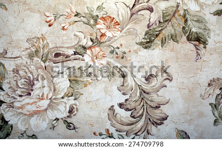 Vintage shabby chic wallpaper with floral victorian pattern and craquelure