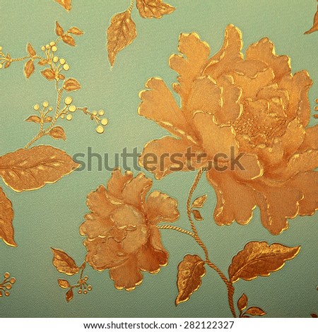 Vintage blue wallpaper with golden rose victorian pattern, square toned image, instagram effect