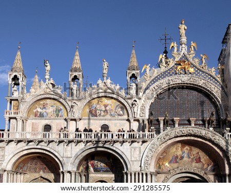 VENICE, ITALY - FEBRUARY 7, 2015: The Patriarchal Cathedral Basilica of Saint Mark is the cathedral church of the Roman Catholic Archdiocese of Venice, Italy