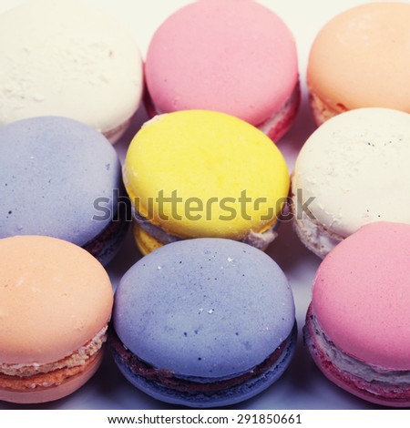 Colorful french macaroon cookies close up, square toned image, instagram effect, selective focus