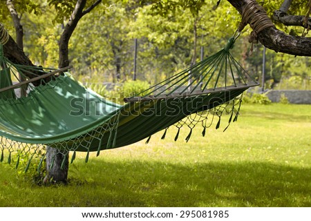 Beautiful landscape with hammock in the summer garden, sunny day. Selective focus