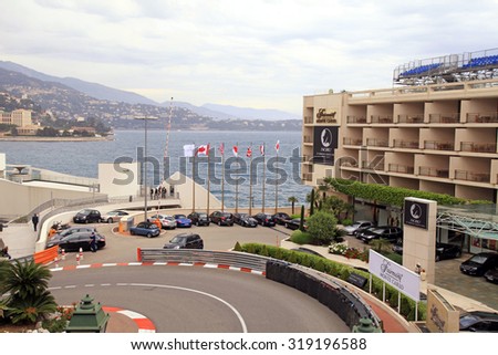 MONTE CARLO, MONACO - MAY 15, 2013: Monaco street and Fairmont Hotel before the races of Formula 1 Grand Prix de Monaco in Monte Carlo, Monaco.