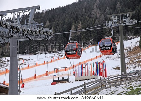 BAD GASTEIN, AUSTRIA - JANUARY 10, 2013: Cabin ski lift on the slopes near Bad Gastein, Austria , one of the most popular ski resort in the Austria. Selective focus